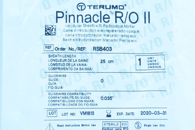 Terumo RSB403 Pinnacle R/O II Introducer Sheath 4 Fr x 25 cm x 0.035 inch (x)